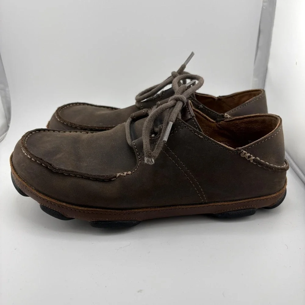 OluKai Ohana Lace-Up Nubuck Shoes Mens 7 Brown Leather Moccasin Casual Comfort